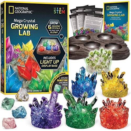 National Geographic Mega Crystal Growing Kit for Kids- Grow 6 Crystals with Light-Up Stand, Science Gifts for Kids 8-12, C...