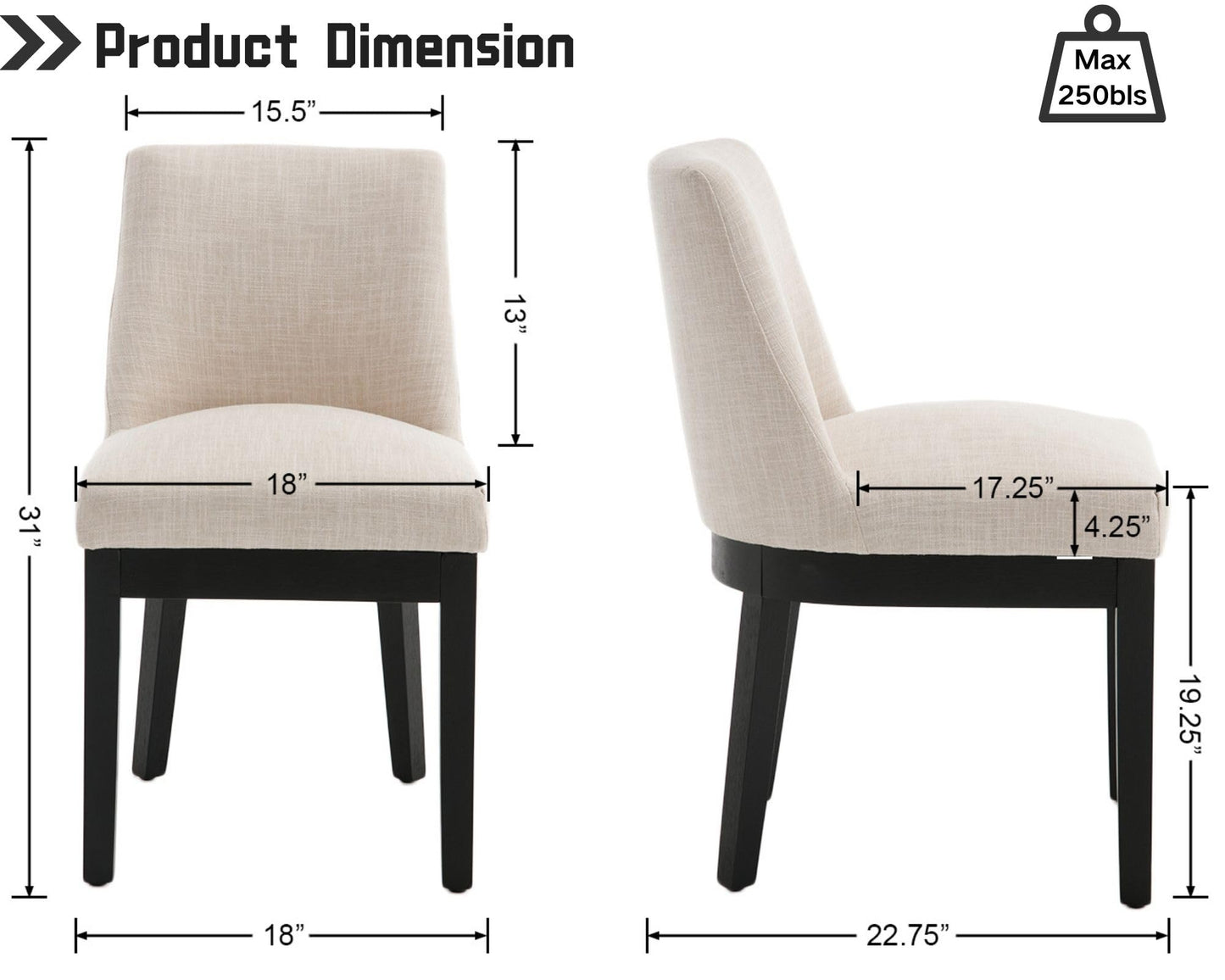 HNY Kitchen & Dining Room Chairs Set of 4, Modern Farmhouse Beige Linen Upholstered Dining Kitchen Chairs with Black Wood Legs, 18’’ Wide Armless Accent Side Chair for Dining Room Living Room