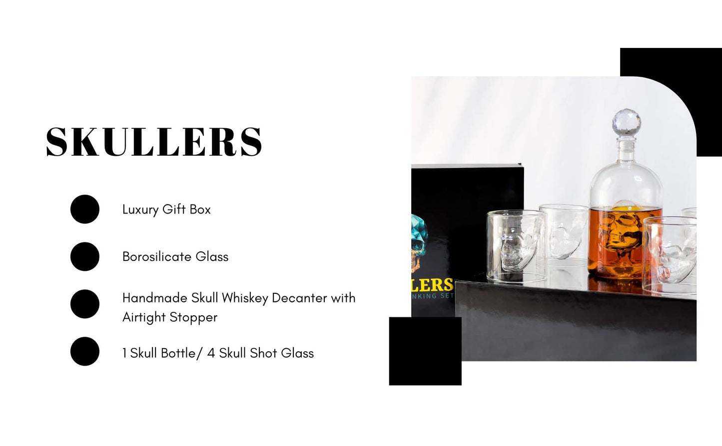 Skullers Skull Whiskey Decanter Set – 37oz Lead-Free Glass Bottle + 4 Shot Glasses – Gothic Bar Gift for Men – Unique Tequila, Rum, or Vodka Liquor Set for Halloween, Birthdays & Collectors