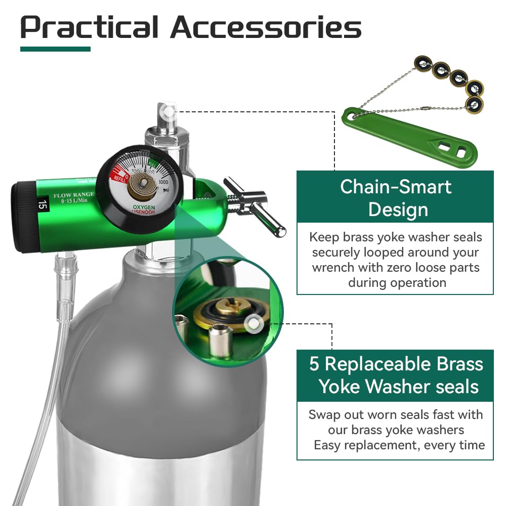 Oxygen Regulator for Oxygen Tank CGA 870 Connection, 0-15 LPM, Portable Oxygen Tank Regulator with Brass Sleeve, Includes 1 Wrench and 5 Brass Yoke Washer Seals