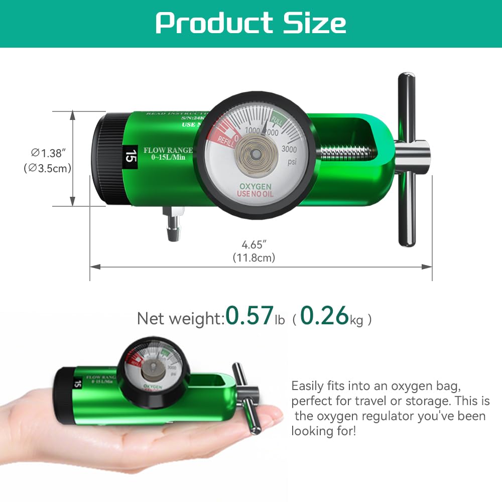 Oxygen Regulator for Oxygen Tank CGA 870 Connection, 0-15 LPM, Portable Oxygen Tank Regulator with Brass Sleeve, Includes 1 Wrench and 5 Brass Yoke Washer Seals
