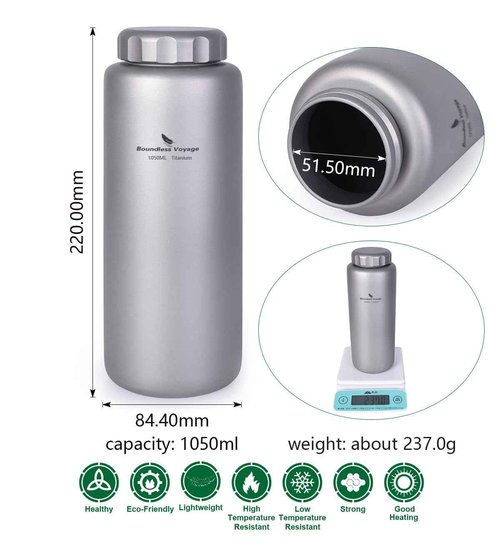 iBasingo Titanium Water Bottle 35.5oz (1050ml) Wide Mouth Lightweight Single Layer Camping Flask for Hiking, Backpacking & Outdoor Cooking Portable Durable Drinking Bottle Ti3005D