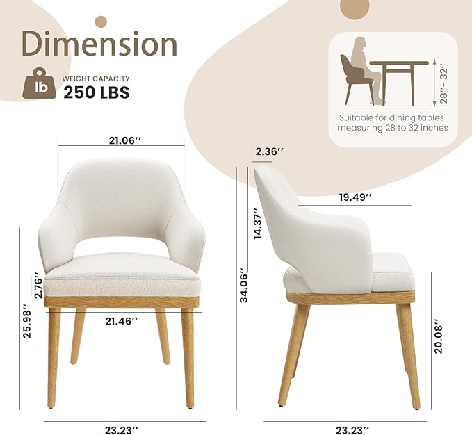 MALOL Wooden Dining Chairs Set of 2, Modern Fabric Upholstered Dining Room Chair, Kitchen Side Chairs, Farmhouse Dinner Chair with Open Back for Kitchen, Beige