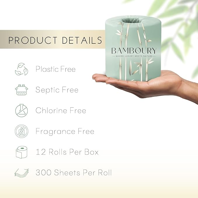 Bamboo Toilet Paper - Premium & Luxurious Eco Choice – FSC Certified, BPA Free, Biodegradable Packaging (12 Pack)