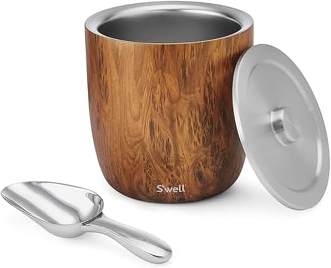 S'well Stainless Steel Ice Bucket XL, 100oz, Teakwood, Includes Lid And Scoop, Triple Layered Vacuum Insulated Container K...