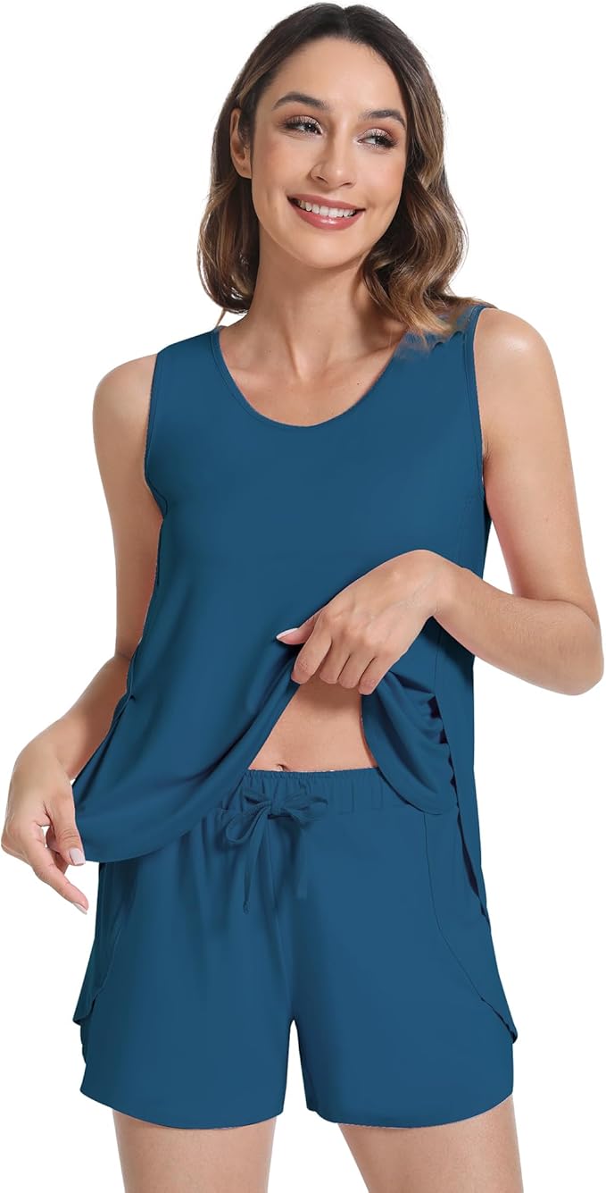 NACHILA Pajamas for Women-Viscose from Bamboo, Ribbed Racerback Tank Top Sexy Split Shorts Pajama Sets Cooling Sleep Cami Pjs