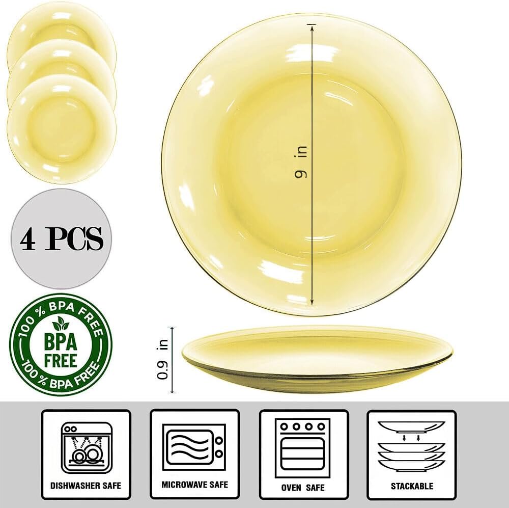 STP GOODS Glass Soup and Salad Bowl with Handles, Cobalt Transparent Glass Eating Plates, Circular Dinnerware for Salad, Bread, Dinner (Yellow Set of 4)