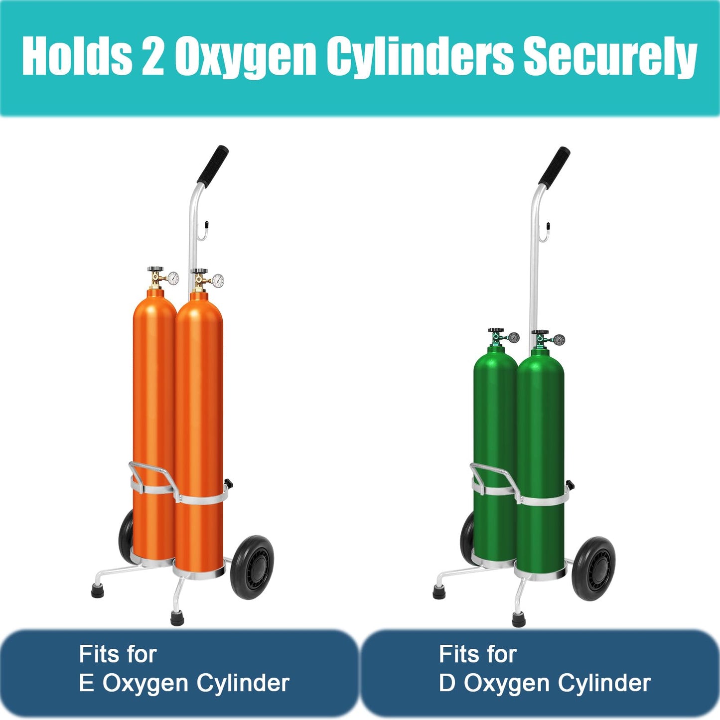 WYJREES 2 PCS Dual Oxygen Cylinder Cart, Lightweight Oxygen Tank Holder with Wheels, Portable D/E Rolling Oxygen Tank Cart with Adjustable Handle and Sturdy Powder-Coated Finish