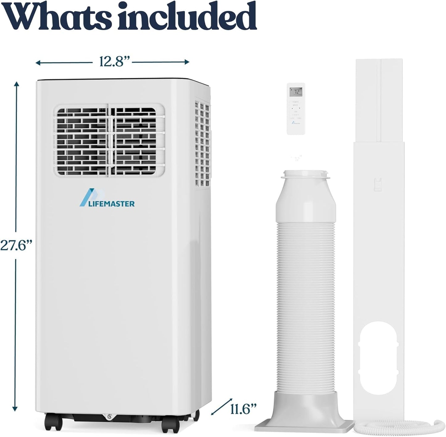 Lifemaster 3-in-1 Portable Air Conditioner, 8,000 BTU Rolling AC Unit with Cooling, Fan and Dehumidifier for Rooms up to 250 Sq. Ft., Remote Control, Digital Touch Panel, Window Kit Included, White