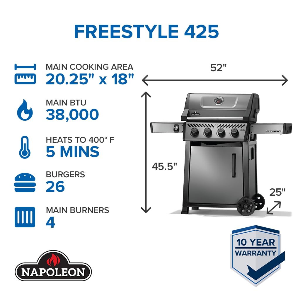 Napoleon Freestyle 425 Propane Gas Outdoor Grill, Graphite Grey – 4-Burner Backyard BBQ for Home Grilling