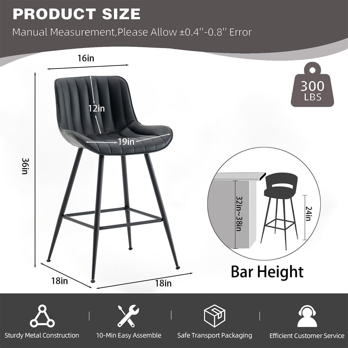 Ofrnseze Black Bar Stools Set of 2, Faux Leather Counter Height Barstools with Back and Footrest, Modern Bar Chairs for Kitchen Island Home Bar, Black