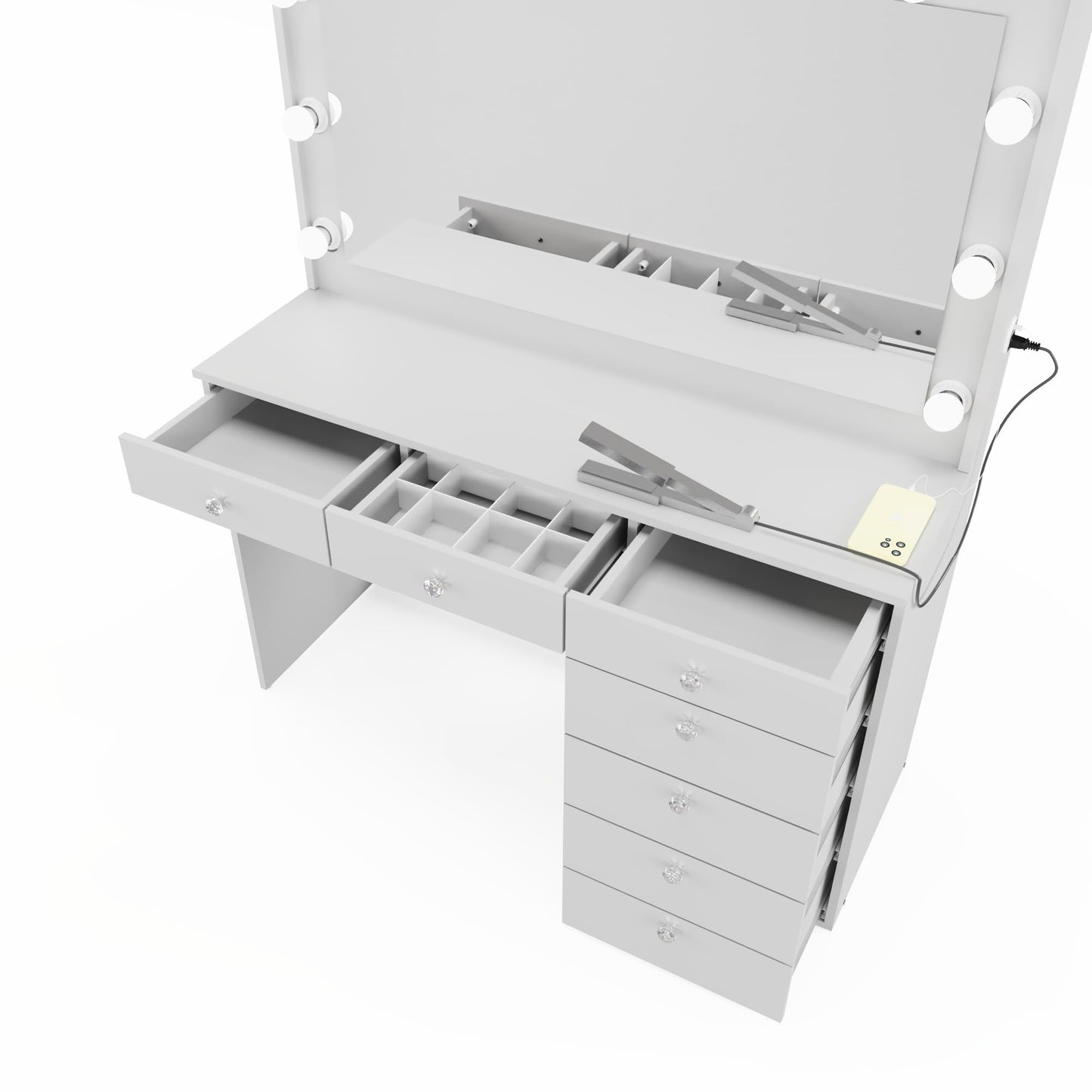 Boahaus Diana Premium White Makeup Vanity Desk with New Built-in Lights, 7 Drawers, USB Type-C & Type-A Ports, 110V Power Outlet, and Crystal Knobs – Upgraded Vanity Table for Bedroom