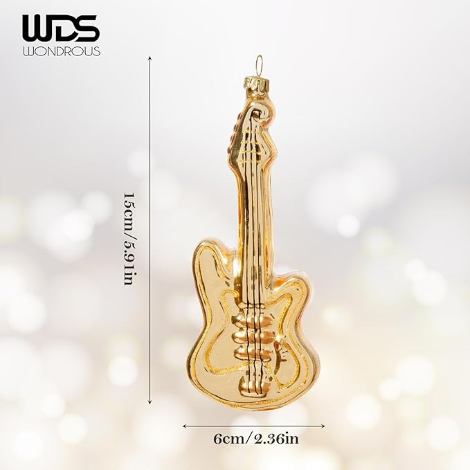 WDS WONDROUS Guitar Christmas Ornament & Decoration, 2.36” Glass Guitar Hanging Ornament Set for Xmas Tree Gold Decor Holiday Party Home Gift