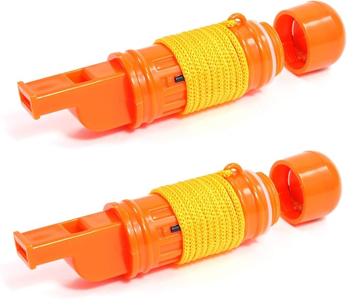SE 5-in-1 Orange Survival Whistle with Compass, Signaling Mirror, Lanyard, and Fire Starter - 112dB, 4.5-Inch Length - Ide...