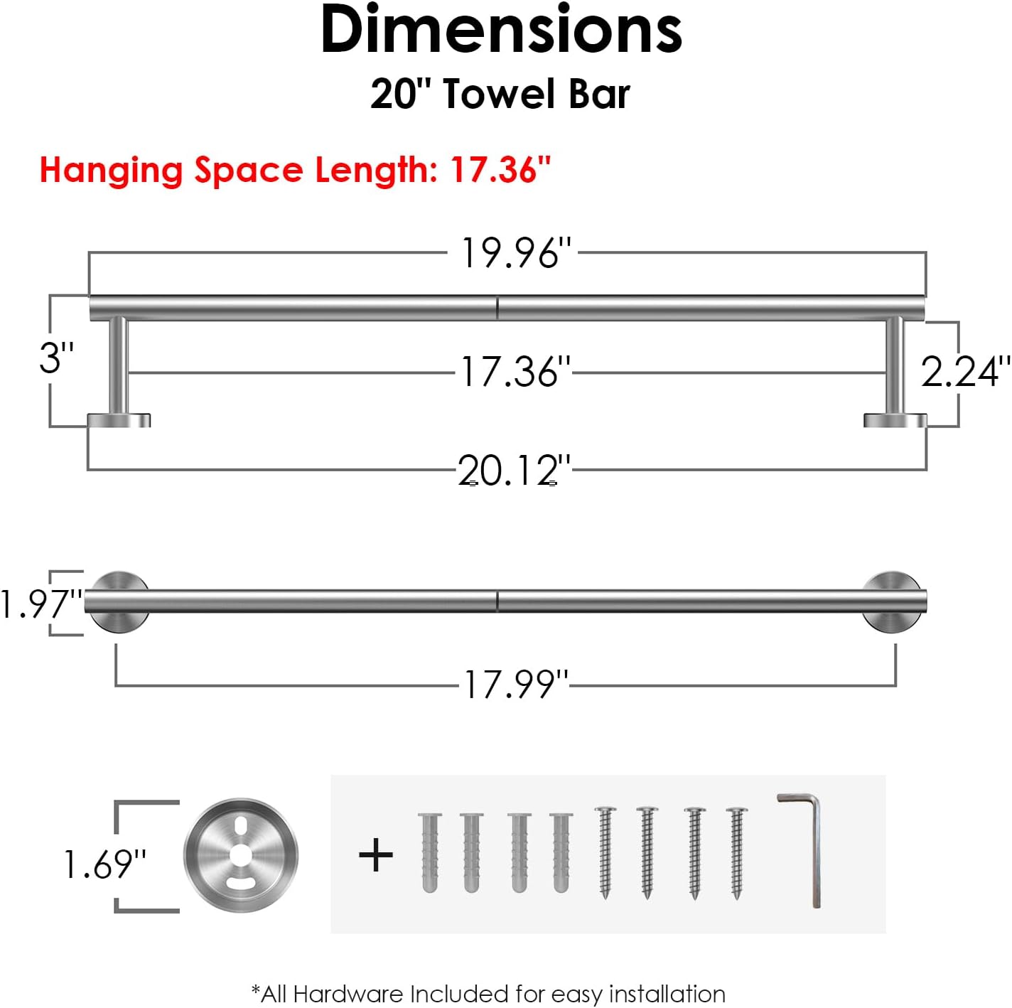 FORIOUS Towel Bar Wall Mounted, Stainless Steel Towel Racks for Bathroom, Includes Wall Mounting Hardware (Brushed Nickel, 20 Inch)