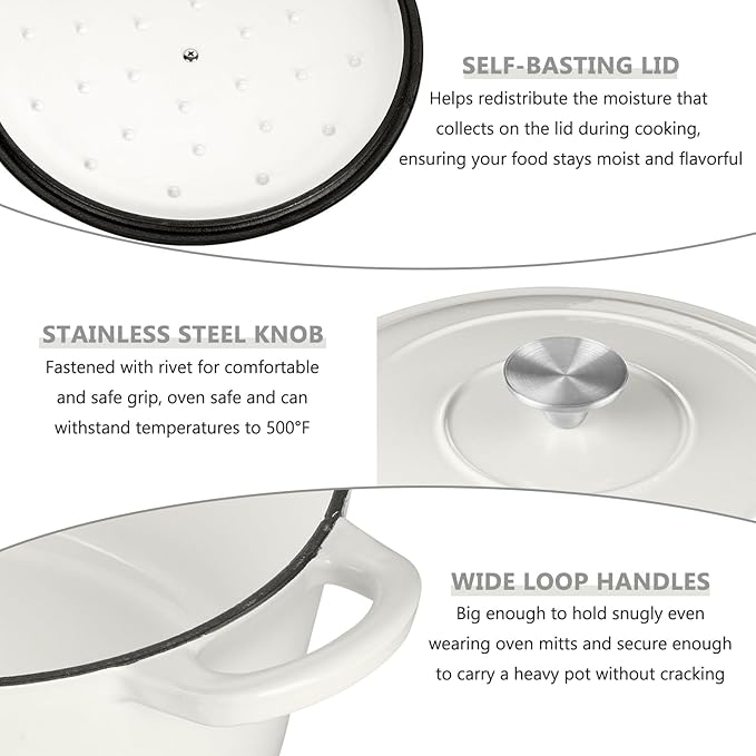 3 Qt Enameled Cast Iron Dutch Oven with Lid, E-far Small Round Nonstick Dutch Oven Pot for Bread Baking Braising Stews Roasting Cooking, Heavy Duty, Induction & Oven Safe - White