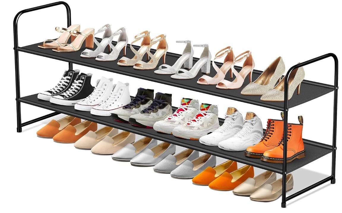 SLEEPING LAMB Long 2-Tier Shoe Organizer for Closet, Stackable Wide Shoe Rack Holds 18-Pairs Low Shoe Shelf Storage for Bedroom, Floor, Entryway(Black)