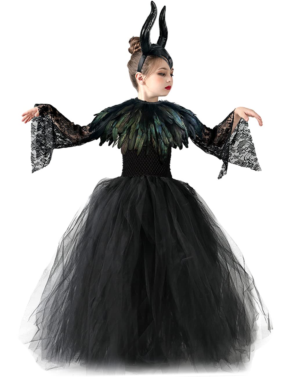 L'VOW Flower Girls Dress Princess Lace Tutu Tulle Dresses for Halloween with Demon Horns Feather Cape Costume Set-100
