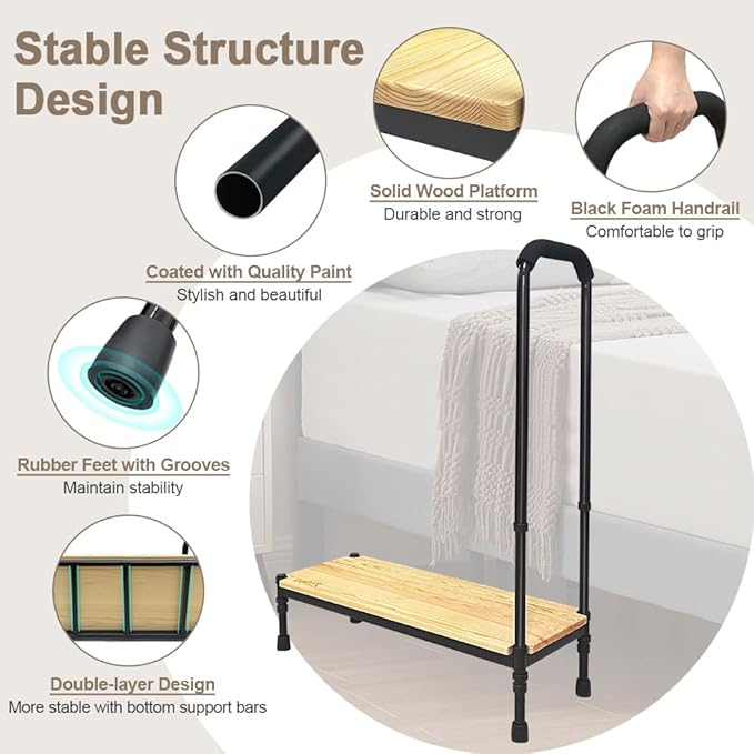 Medical Step Stool with Handle for Elderly Foot Stool Bed Steps for High Beds Adults Seniors Bedside Step Stool with Handrail Bed Stairs Bathtub Steps Platform Car Safety Handicap Step