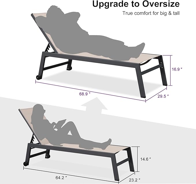 PURPLE LEAF Outdoor Chaise Lounge Set for 2 Oversized Pool Lounge Chairs with Easy-to-Move Wheels and Adjustable Backrest Extra Large Patio Loungers for Poolside Deck Beach Table Included, Sand Beige