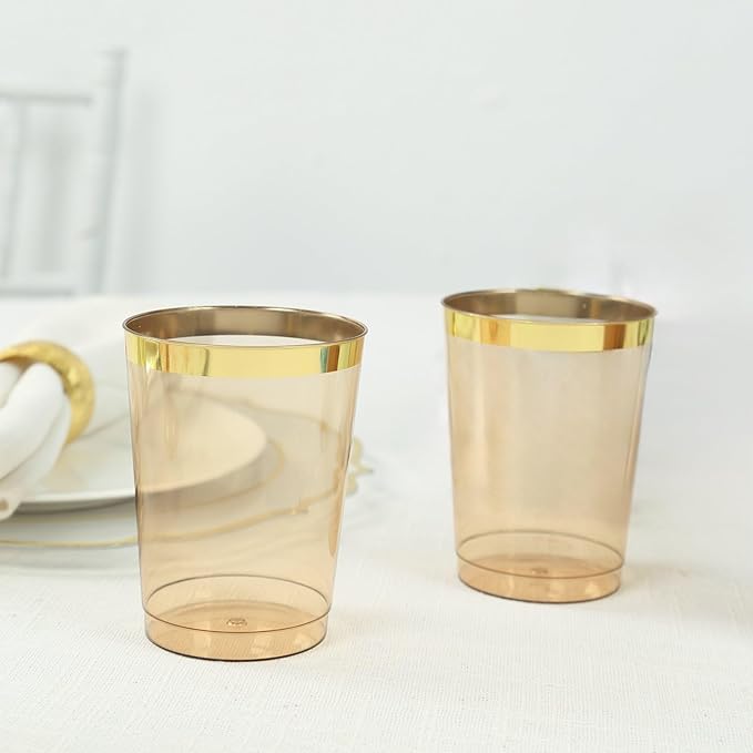 Efavormart 25 Pack Amber Gold Crystal Plastic Tumbler Cups with Gold Rim, Disposable Drinking Glasses Party Cups - 10oz