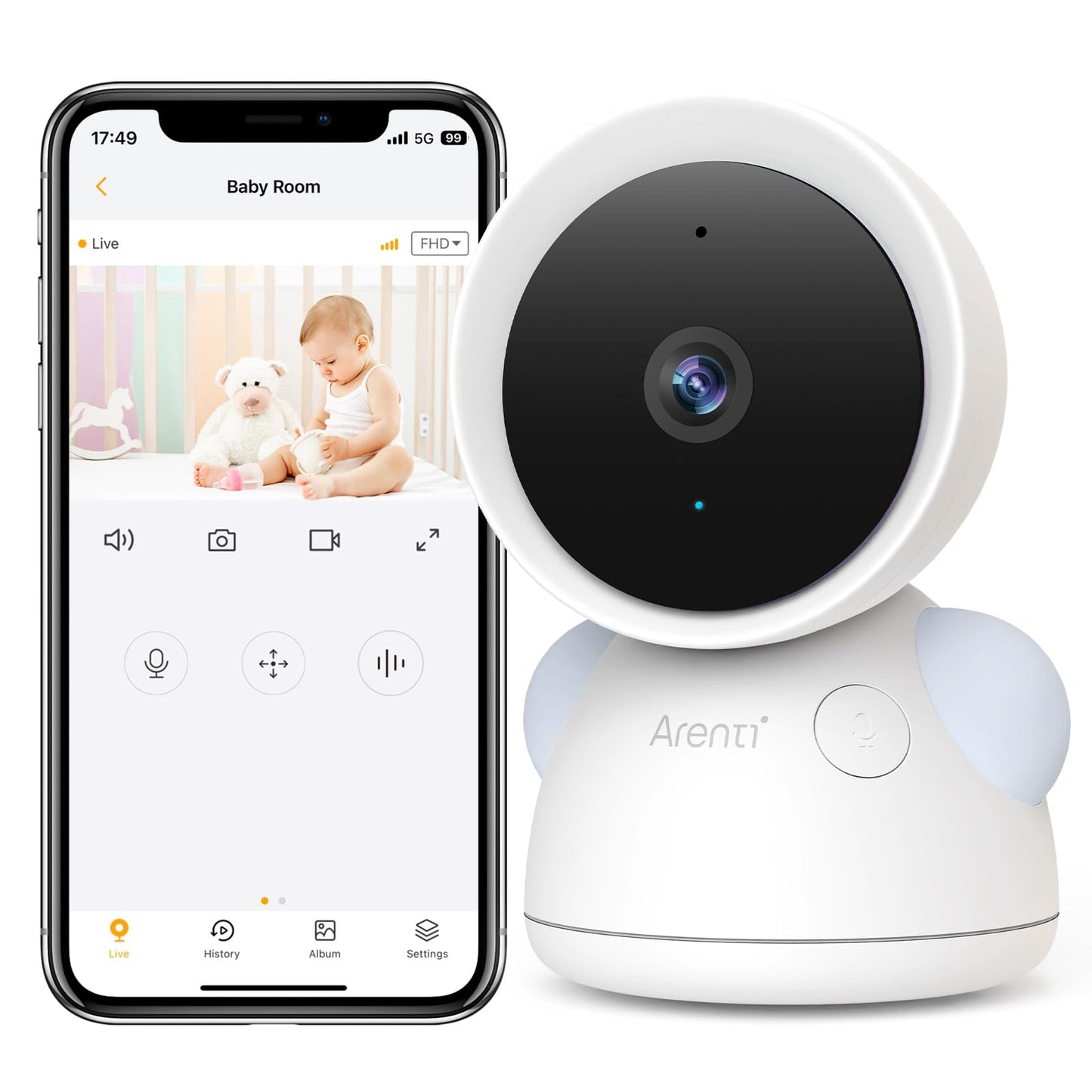 ARENTI Baby Camera Monitor, 2K/3MP WiFi 6, Smartphone App, Super Night Vision, Crying Detection, Auto Tracking, Temp&Humidity Sensor, Cloud&SD Card Storage (D3)