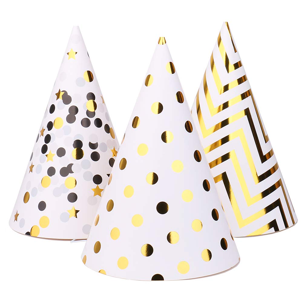 Boieo Party Hats Birthday Cone Set Gold Polka Dot Striped Paper for Adults Kids Happy Birthday Party Decorations 12 Pcs