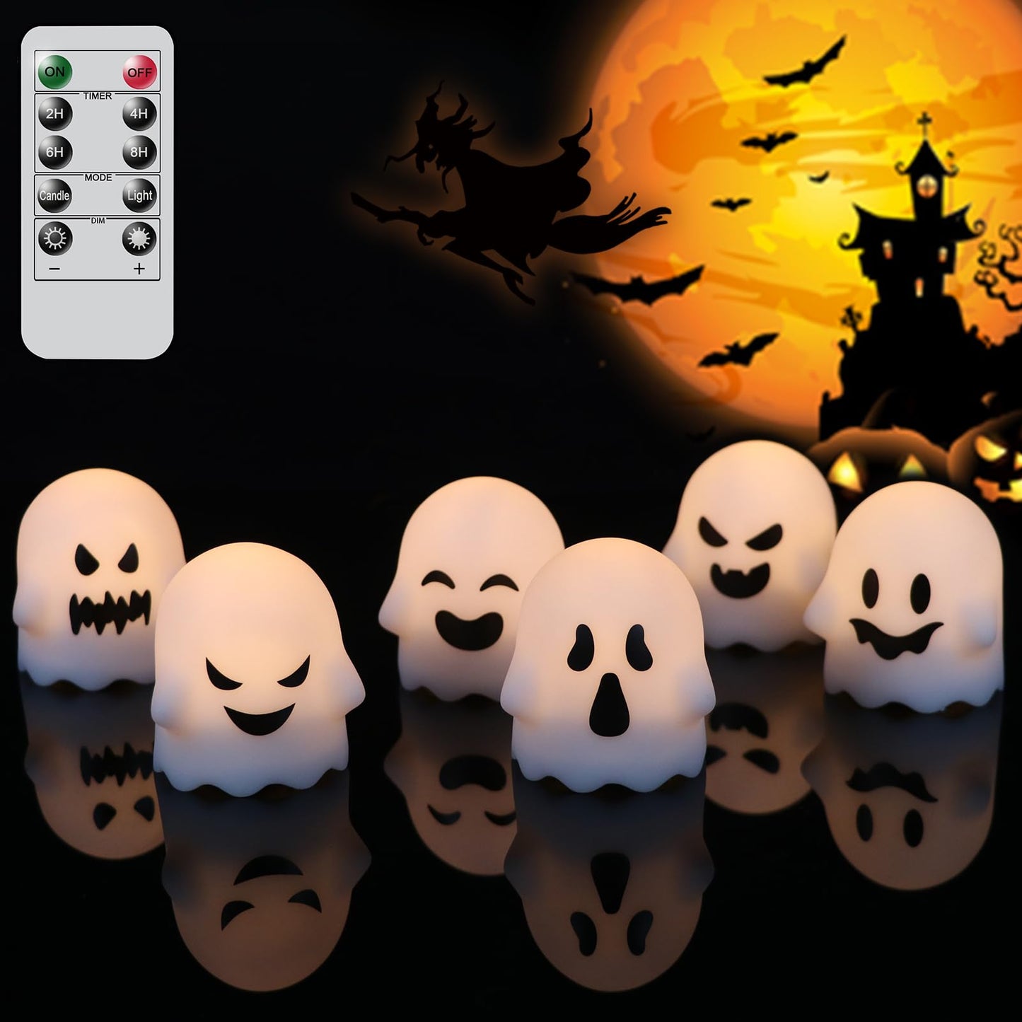 Lasumora Ghost Halloween Decorations Flameless Candles with Remote Timer, 6 Pack Grimace Ghost Candles, Battery Operated White LED Tea Lights Candles Dimmable Light for Halloween Decor