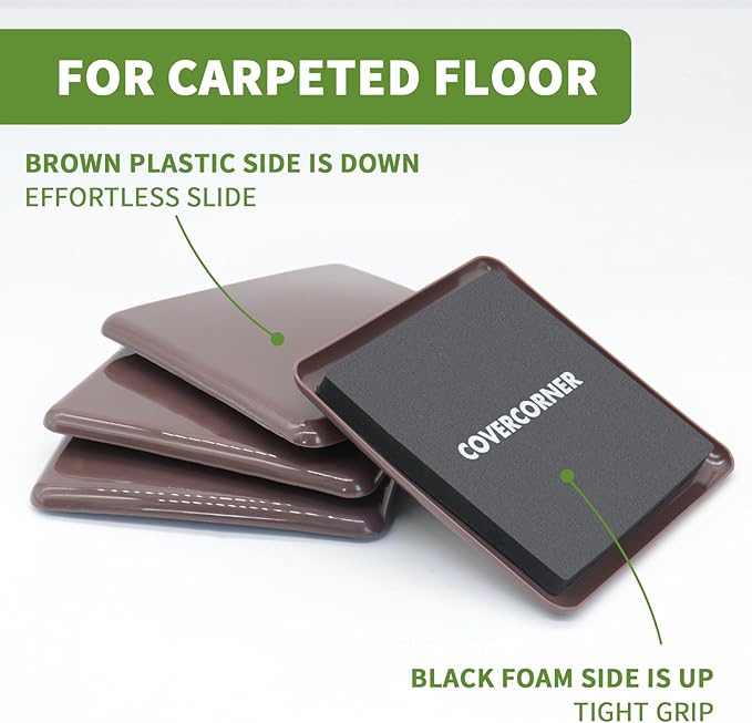 COVERCORNER Furniture Sliders for Carpet 8 PCS - 5 inch Furniture Moving Slider Chair Legs Floors Protectors Square Furniture Movers Sliders – Move Your Furniture Easy & Safely(for Carpet)-Brown