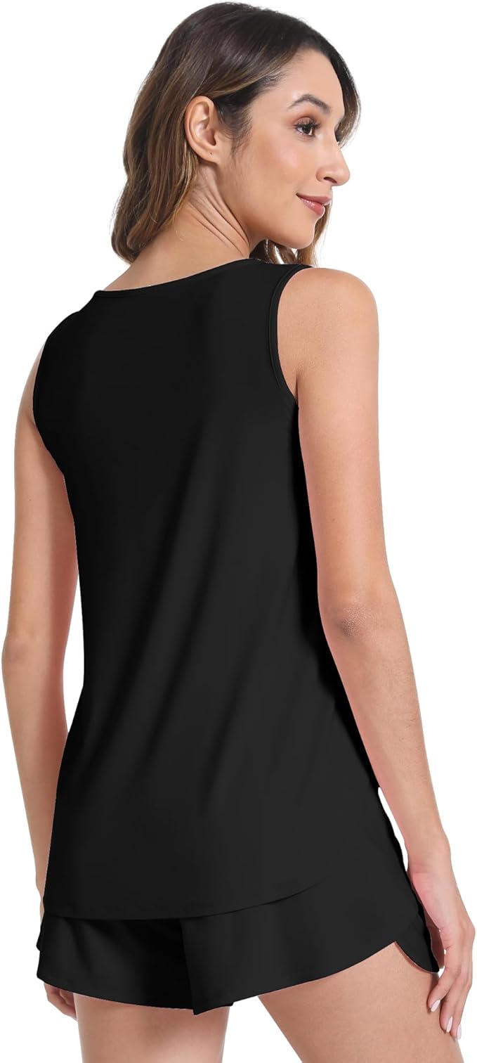 NACHILA Pajamas for Women-Viscose from Bamboo, Ribbed Racerback Tank Top Sexy Split Shorts Pajama Sets Cooling Sleep Cami Pjs