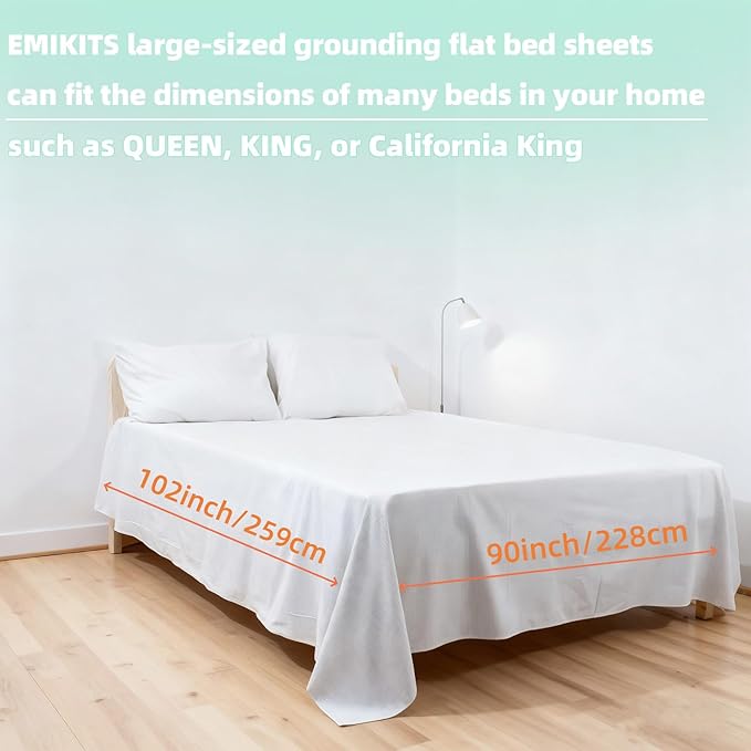 EMIKITS Grounding Sheets 90"x102" for Queen King Full CALI-King, Upgraded 10% Conductive Silver Fiber, 90% Organic Cotton for Improved Sleep, Square Grid White Grounded Bed Flat Sheet