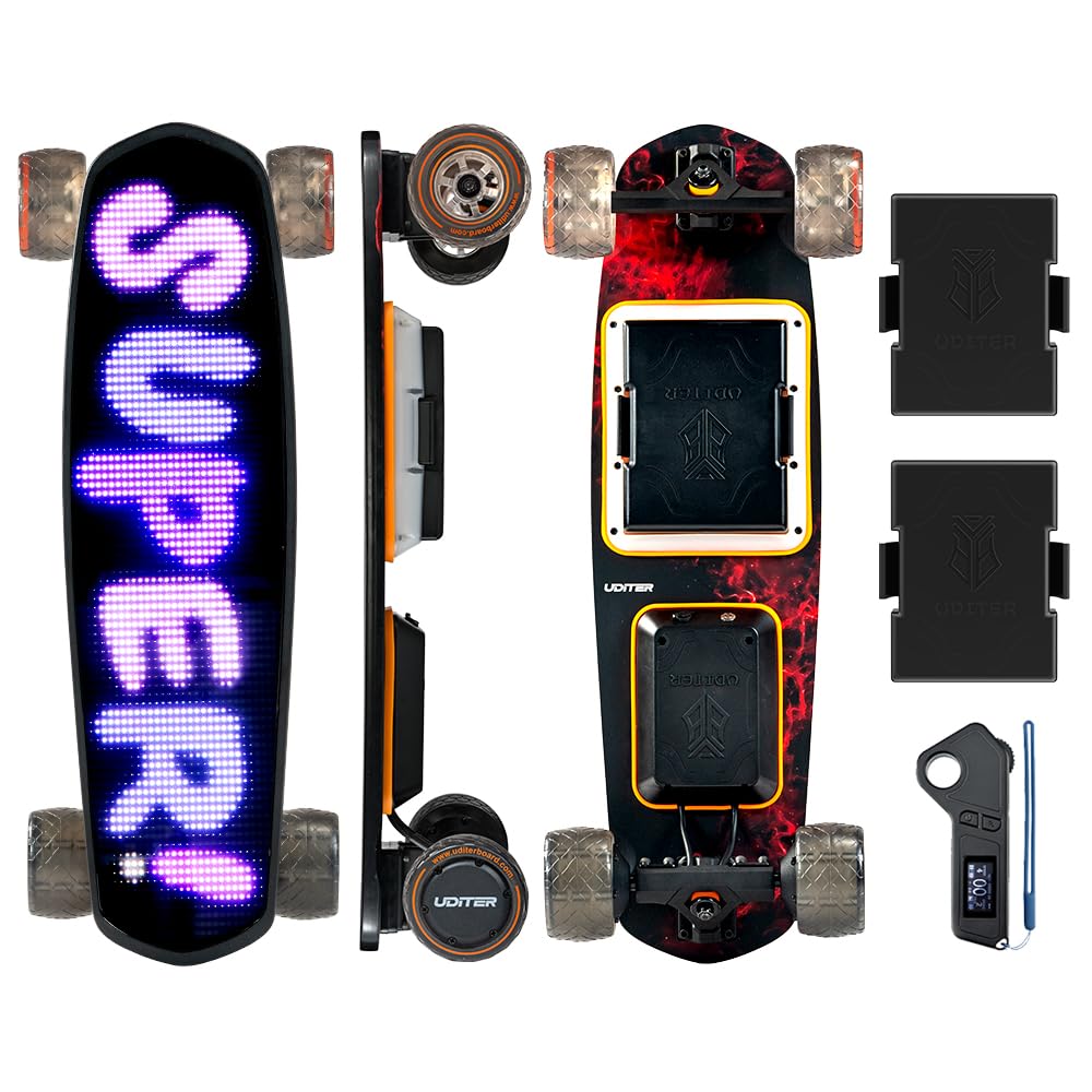 Uditer Pixel mini Electric Skateboards with LED Screen Deck, Supports Image DIY via App. 10S3P 7.8A Removable Battery/ 25 Miles Max Range/28 Mph Top Speed/2*600W for Beginners (Contains 2 batteries)