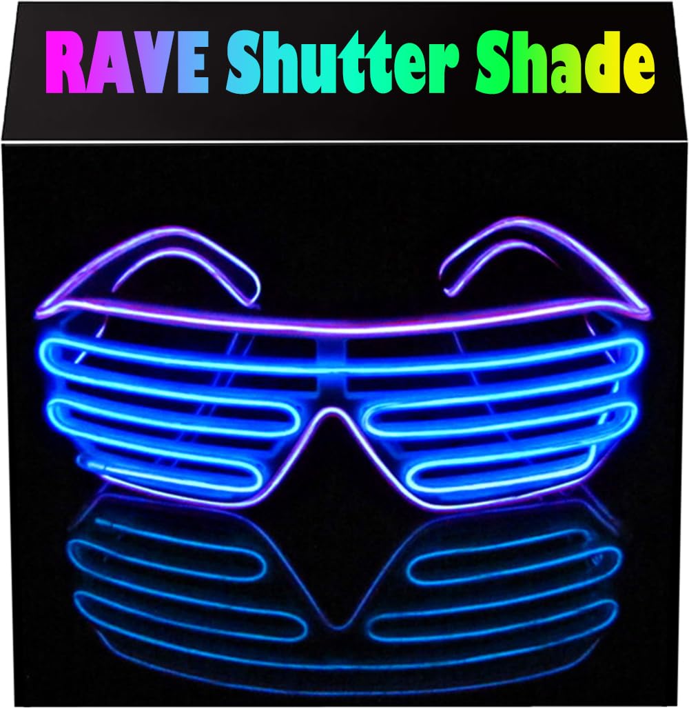 PINFOX Shutter EL Wire Neon Rave Glasses Flashing LED Sunglasses Light Up Costumes For 80s, EDM, Party RB03 (Purple - Blue)