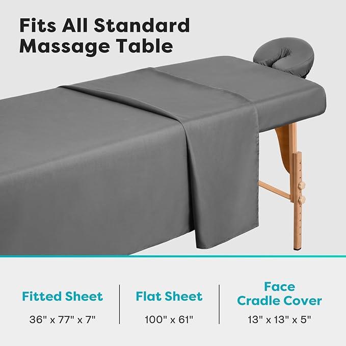Comfyanno Massage Table Sheets Sets, 3 Pcs Professional Microfiber Massage Bed Cover Sheets, Soft, Light-Weight, Stain & Wrinkle Resistant, Includes Flat & Fitted Sheet, Face Cradle Cover - Gray