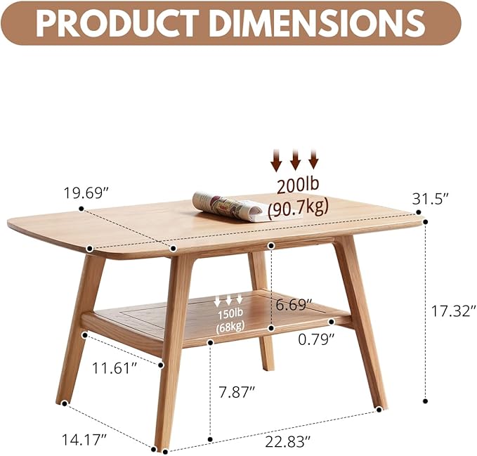Hymus Wood Coffee Table - 100% Solid Wood- 2-Tier Coffee Table with Storage for Living Room, Eco-Friendly Finish, Easy Assembly (Natural, 31.49" D x 19.68" W x 17.32" H)