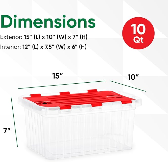 Superio Christmas Storage Box with Red Hinged Lids, Plastic Container Bins for Organizing with Attached Lid, Stackable Crates, BPA Free, Organizers for Home, Office, and Dorm, 10.5 Quart (15"x10"x7")