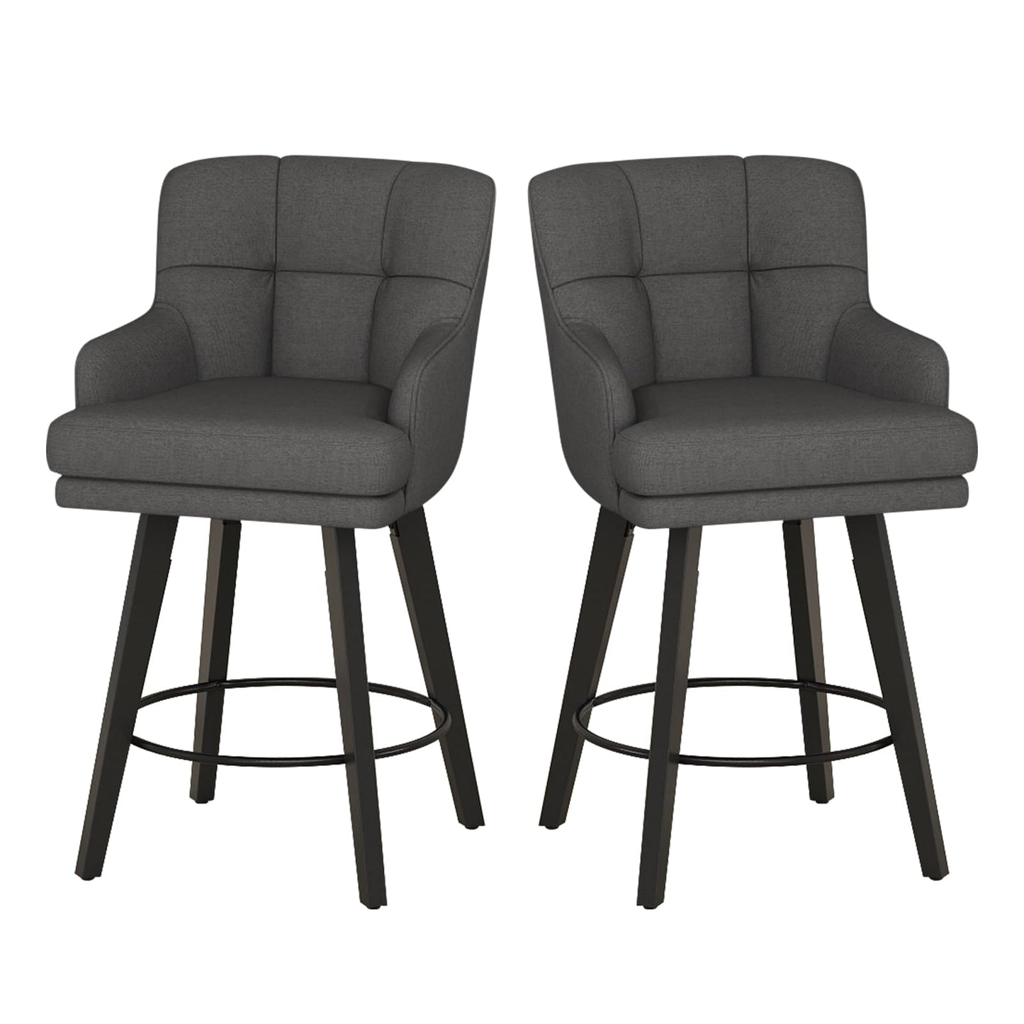 SAECKBERG 360°Swivel Counter Height Bar Stools with Back, 26 inch Solid Wood Legs, Bar Stool Modern Kitchen Island Chairs, Fabric (Black Grey- Fabric, 26" H- Set of 2)