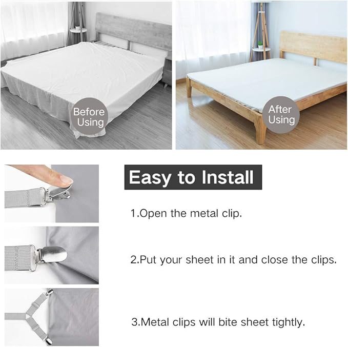 Foloda Bed Sheet Holders, 8 pcs Adjustable Fitted Sheet Straps for Bed Corner, bedsheet Holder Clips Fasteners Suspenders Locker Gripper Scrunchie, Keep Sheet in Place