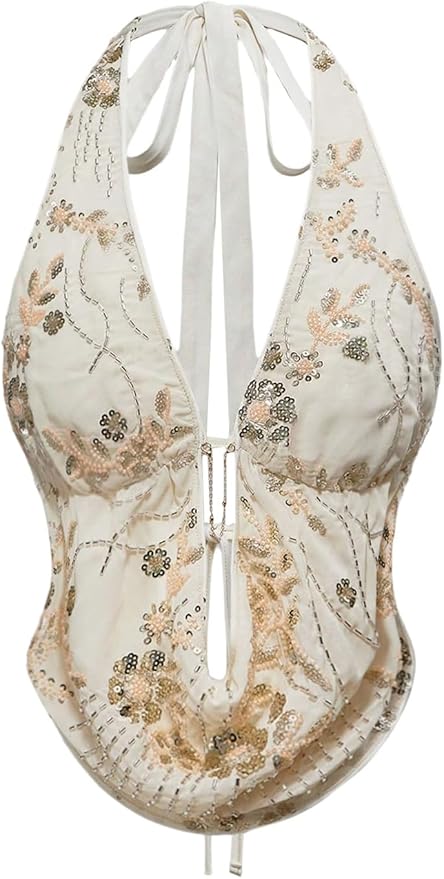 Verdusa Women's Cheetah Print Sequin Top Y2K Tie Back Corset Halter Going Out Crop Tops