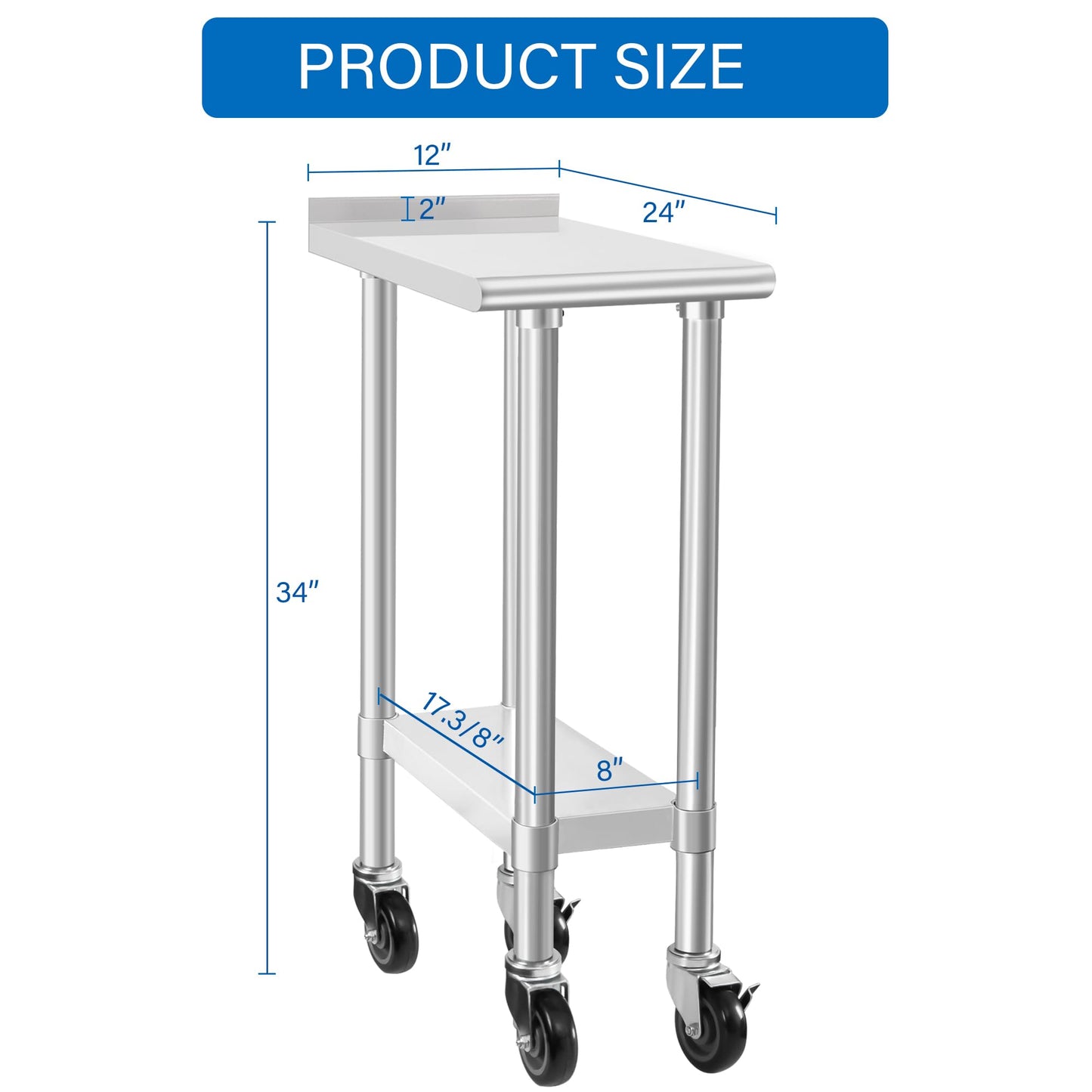 HARDURA Stainless Steel Commercial Work Table with Wheels Prep & Work Metal Table 24×12 Inches Heavy Duty NSF with Casters and 2" Backsplash