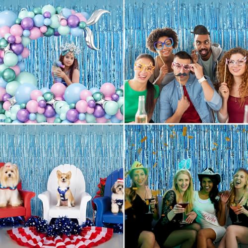 Blue Streamers Party Decorations 3.3x8.2ft 2 Pack Light Blue Tinsel Foil Fringe Curtain Backdrop Ocean Themed Party Decor ...