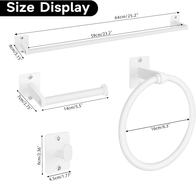 Bathroom Accessories Set, 4 Pieces White Bathroom Hardware Set, 24 inch Towel Bar, Towel Racks for Bathroom, Robe Towel Hooks, Toilet Paper Holder Wall Mounted