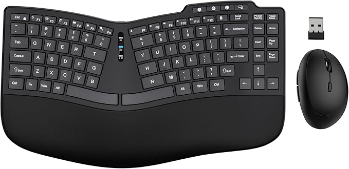 Ergonomic Wireless Keyboard Mouse Combo, Bluetooth/2.4G Split Design Keyboard with Palm Rest and 3 Levels DPI Adjustable W...