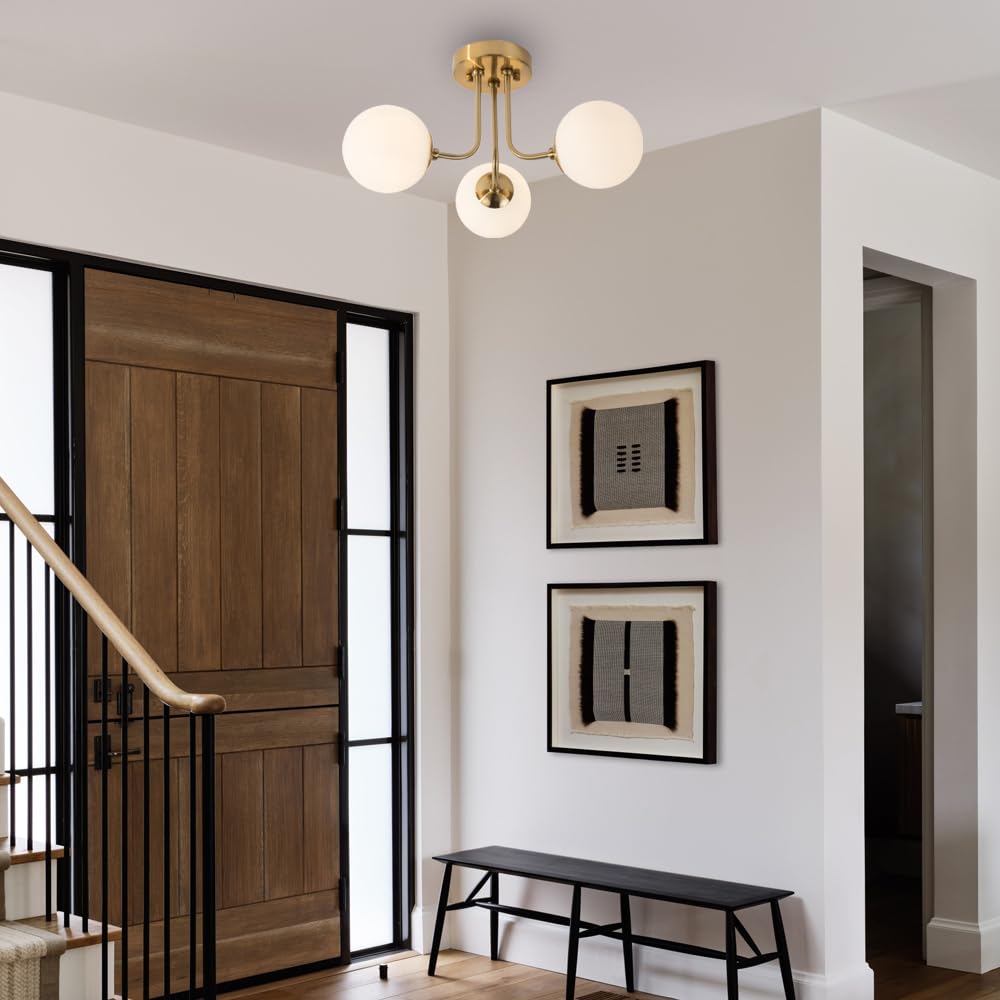 Hoengles Modern Semi Flush Mount Ceiling Light,Globe Milk Glass Shade Brushed Brass Finish Ceiling Light 3-Light with Ceramic Base,Sputnik Chandeliers for Bedroom Hallway Dining Room Lighting Fixture