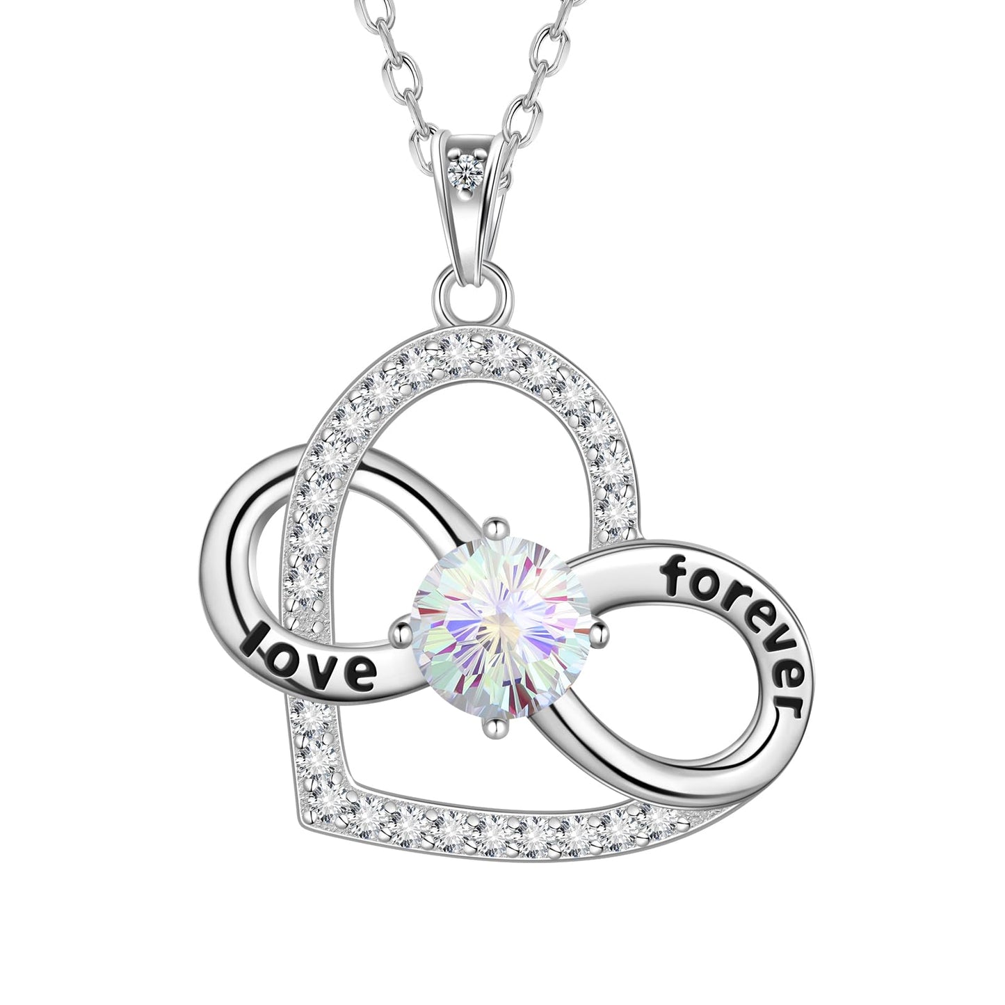 Birthstone Love Heart Infinity Pendant Necklace - 925 Sterling Silver Firework-Cut Cubic Zirconia Love Forever Infinity Necklace Anniversary Birthday Jewelry Gift for Women Wife Mom Daughter (04-April)
