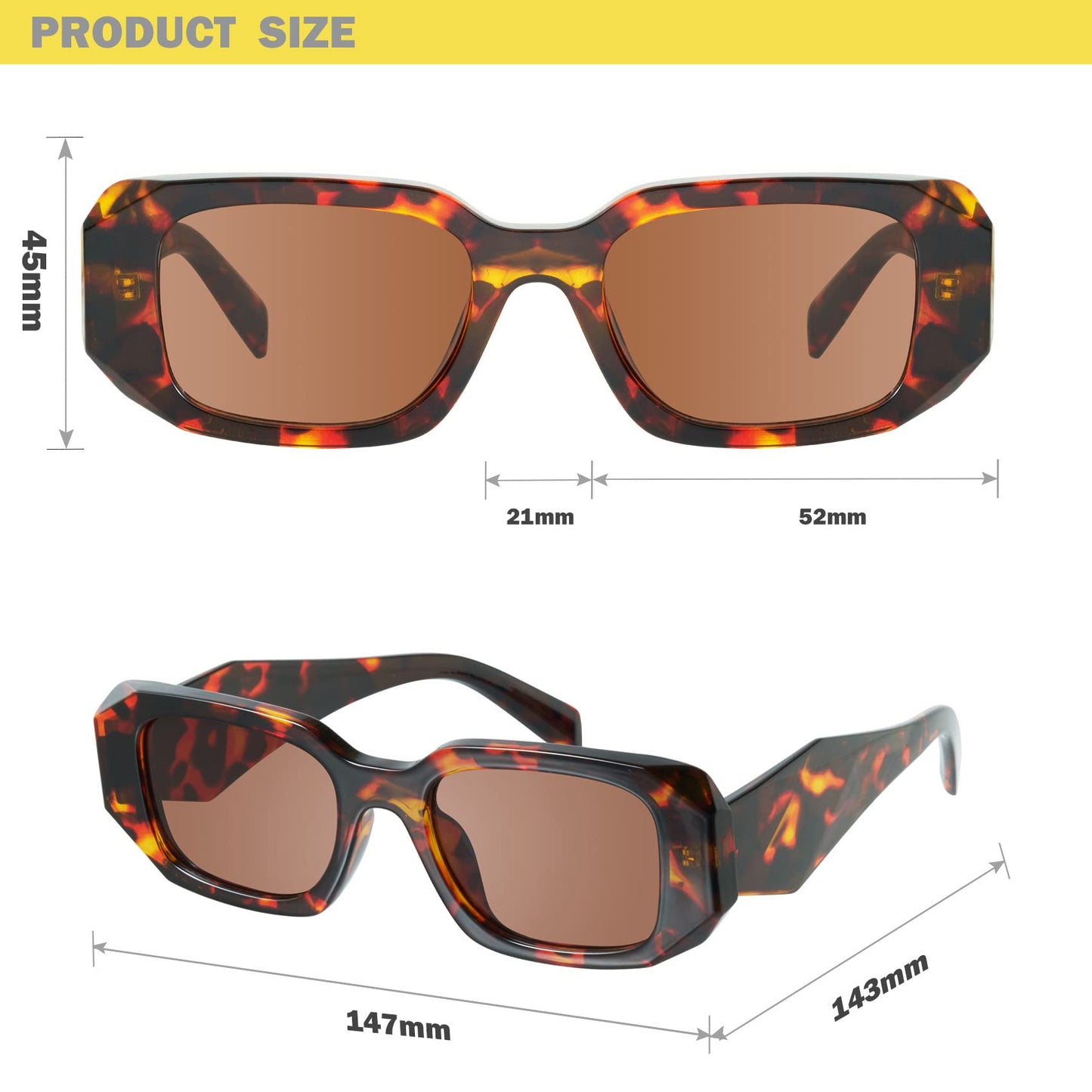 mosanana Trendy Rectangle Sunglasses for Women Men Black Tortoise Shell Retro Fashion Cool 90s Cute Funky Stylish Chunky 2 Pack Goulding