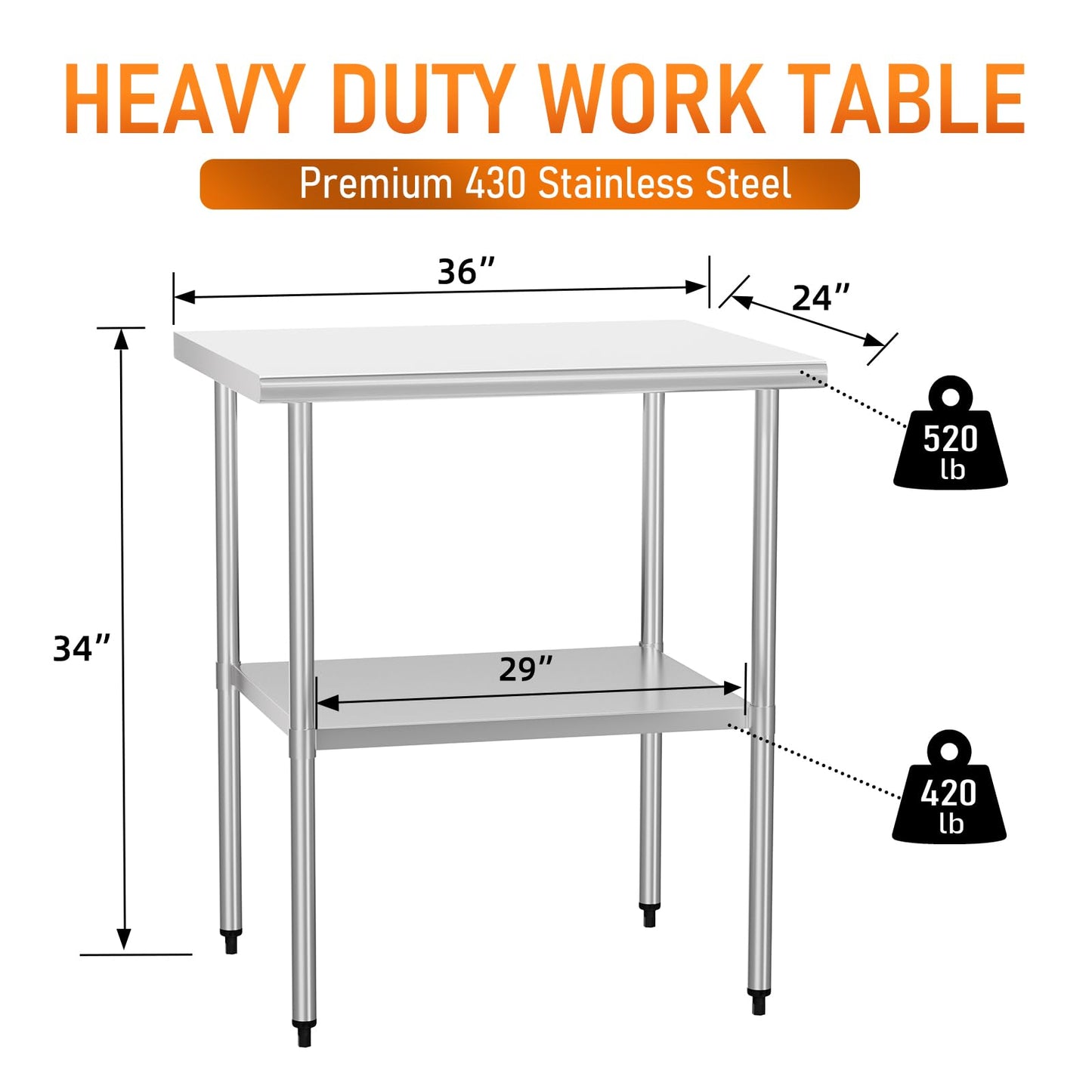 HOCCOT Stainless Steel Table for Food Prep & Work 24 x 36 inches Utility Table with Adjustable Undershelf, Commercial Workstation in Kitchen, Garage, Outdoor BBQ