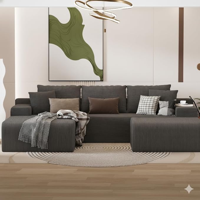 NAYA 106” Modular Sectional Sofa, Cloud Sectional Couch with Deep Seat, Modern Modular L-Shape Sofa Boneless Couch with Chaise for Living Room Bedroom (Grey, U-Shaped Minimalist Sofa)