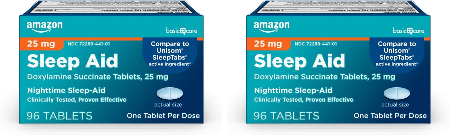 Amazon Basic Care Nighttime Sleep Aid Tablets for Adults, Doxylamine Succinate 25 mg, 96 Count (Pack of 2)