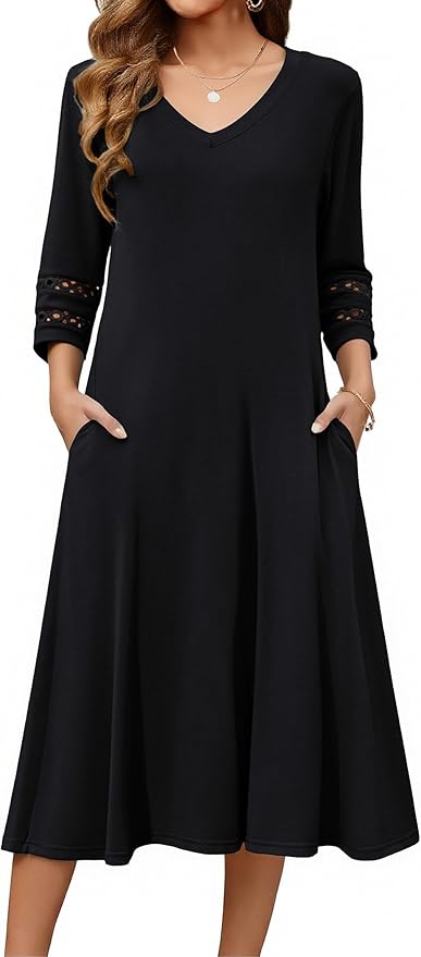 Zeagoo Women's Dresses 3/4 Sleeve Summer Casual V-Neck A Line Flowy Eyelet Midi Dress for Women Beach Vacation Sundress